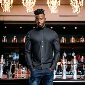 Men’s Shirt ZARA Black Cotton Button Down Shirt Long Sleeve Slim Fit Dress Shirt